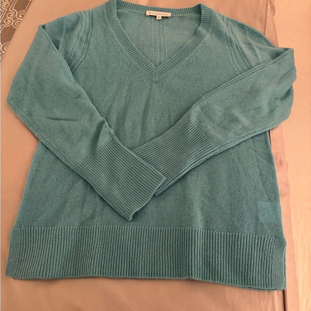White + Warren Turquoise V-Neck 100% Cashmere Sweater, Size XS